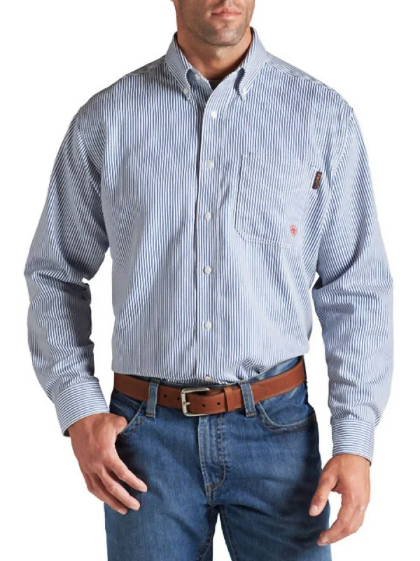 men's cotton-polyester blend shirts -Basic Work Shirt In Bold Blue Stripe