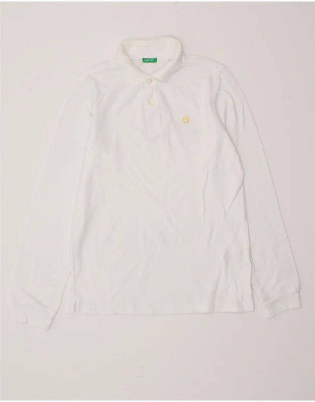 casual pique polo shirts for men -BENETTON Boys Long Sleeve Polo Shirt 11-12 Years 2XL White Cotton