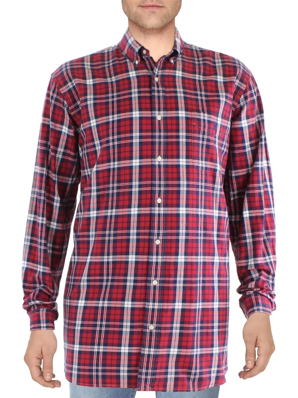 men's comfy casual shirts -Big & Tall Mens Plaid Cotton Button-Down Shirt