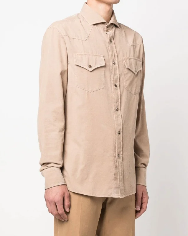 men's short-sleeve shirts -Brunello Cucinelli Mens New Beige Leisure Fit Western Casual Buttoned Shirt