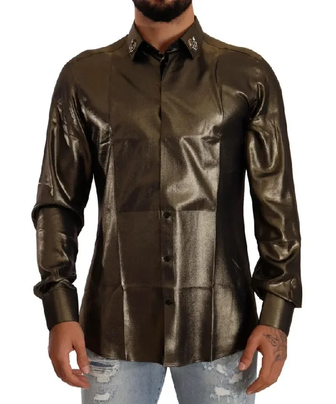 men's modern fit button-up shirts -Dolce & Gabbana Metallic  DG Embroide Crown Silk Top Men's Shirt (Pre-Owned)