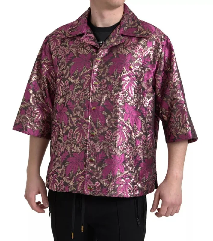 button-up shirts for work -Dolce & Gabbana pink pink Floral Jacquard Button Down Men's Shirt (Pre-Owned)