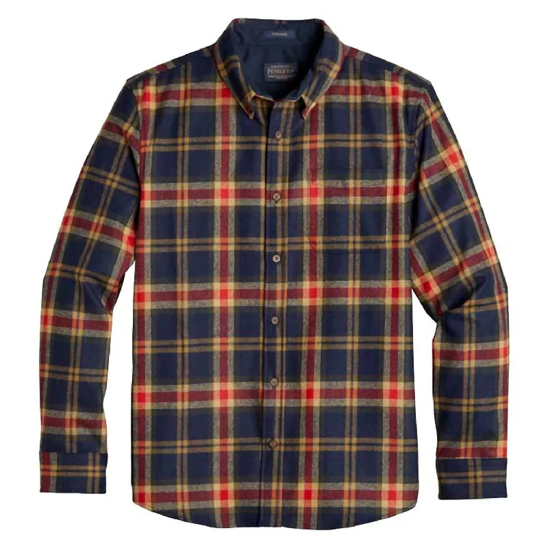 men's breathable cotton shirts -Fireside Button Down Shirt In Navy/ Red/ Gold Block Plaid