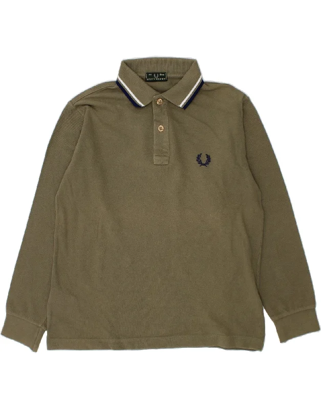 polo shirts with contrasting collars -FRED PERRY Boys Long Sleeve Polo Shirt 7-8 Years Khaki Cotton