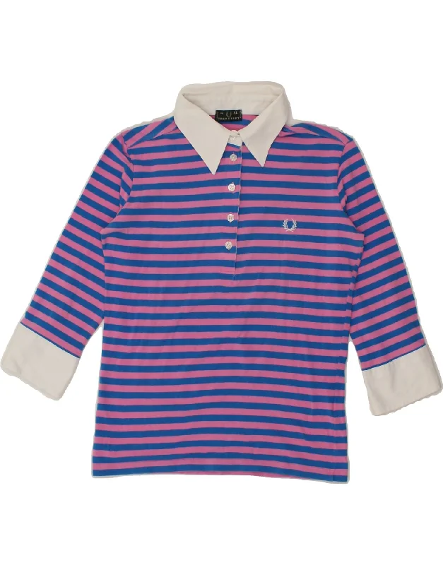 men's striped polo shirts -FRED PERRY Girls 3/4 Sleeve Polo Shirt 10-11 Years XL Blue Striped Cotton