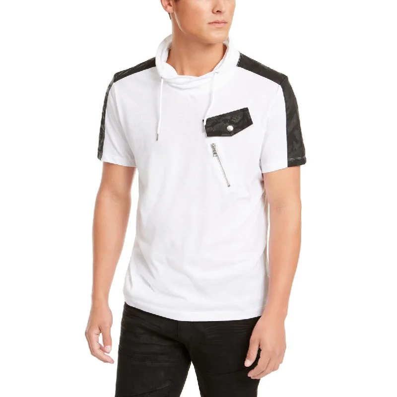 men's lightweight t-shirts -INC Mens Faux Leather Trim Funnel Neck T-Shirt