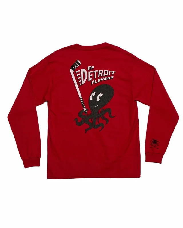 versatile t-shirts for men -Ink Detroit - My Detroit Players Octopus - Long Sleeve T-Shirt - Red