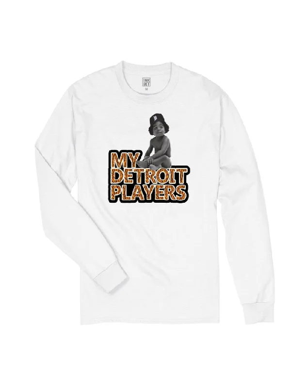 men's black graphic t-shirts -Ink Detroit - My Detroit Players - Long Sleeve T-Shirt - White