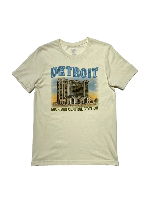 men's basic round neck t-shirts -Ink Detroit- Vintage Michigan Central Station T-Shirt - Natural