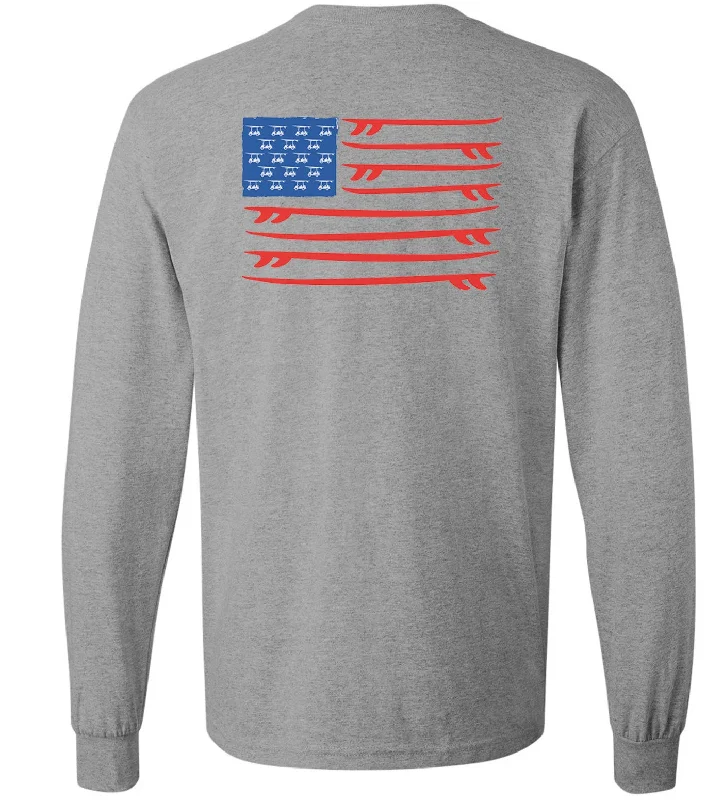 men's holiday-themed t-shirts -Island Tee - Long Sleeve Surfboard - Heather Grey