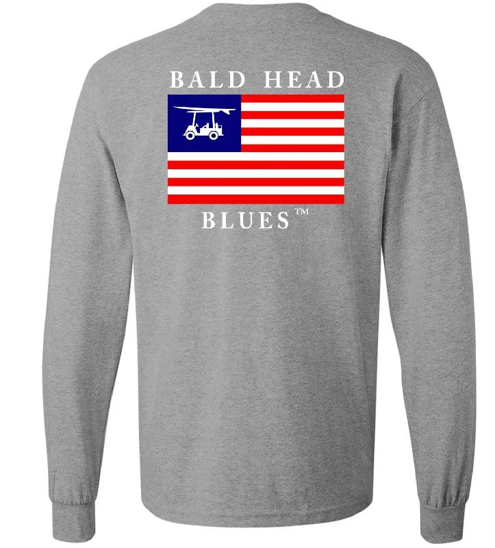 men's printed t-shirts -Island Tee - Long Sleeve USA Flag - Heather Grey