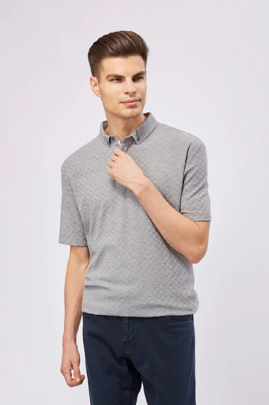 men's polo shirts for sports -Leo Grey Box Jacquard Polo