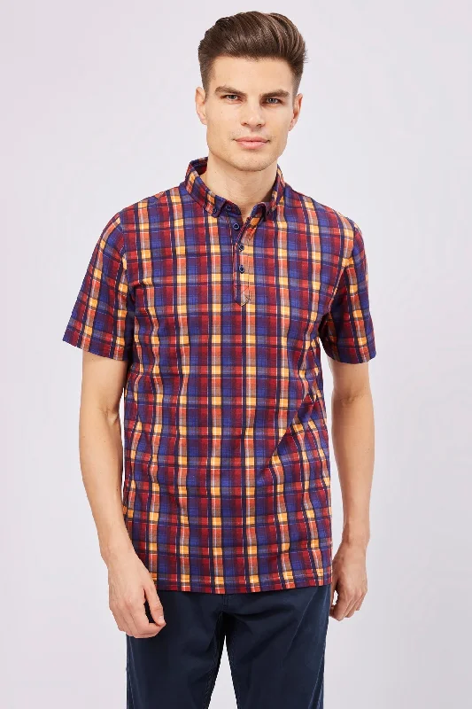 polo shirts for business casual wear -Leo Orange, Blue, and Purple Plaid Polo