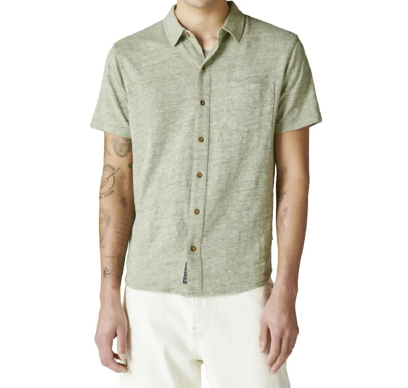 men's printed button-up shirts -Linen Button Up In Green