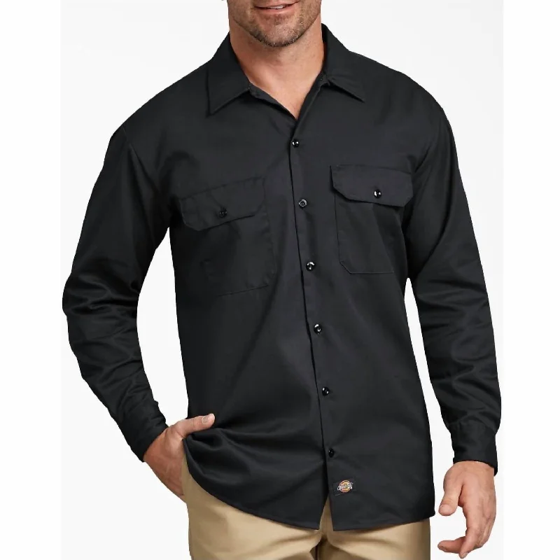 men's polo-style shirts -Long Sleeve Twill Work Shirt In Black