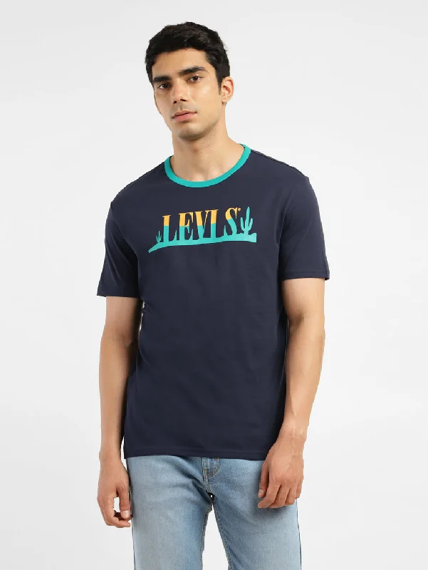 men's athletic cotton t-shirts -Men's Brand Logo Slim Fit T-shirt Navy