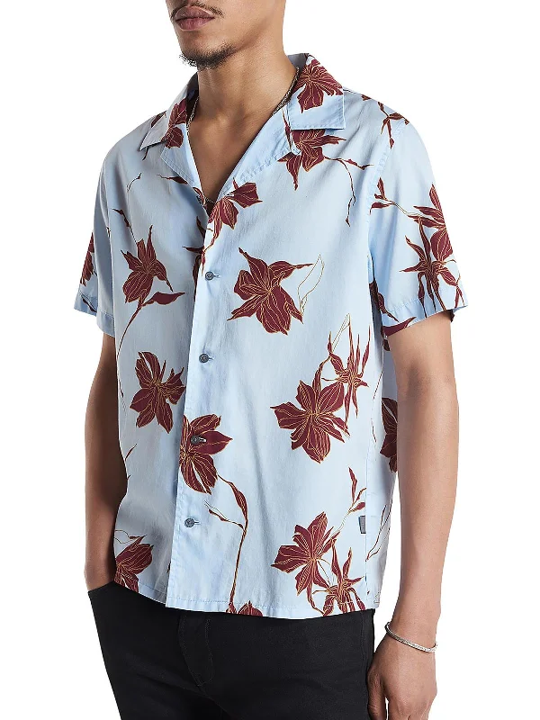 men's comfy casual shirts -Mens Cotton Floral Print Button-Down Shirt