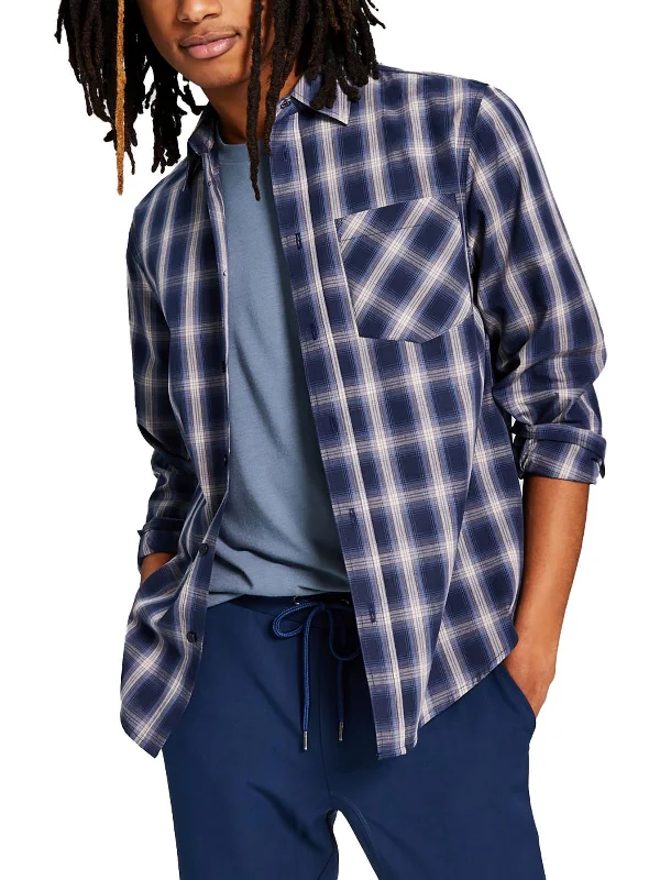 men's short-sleeve checkered shirts -Mens Cotton Plaid Button-Down Shirt