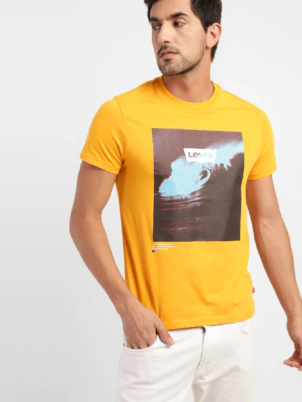 graphic design t-shirts for men -Men's Graphic Print Crew Neck T-shirt Yellow