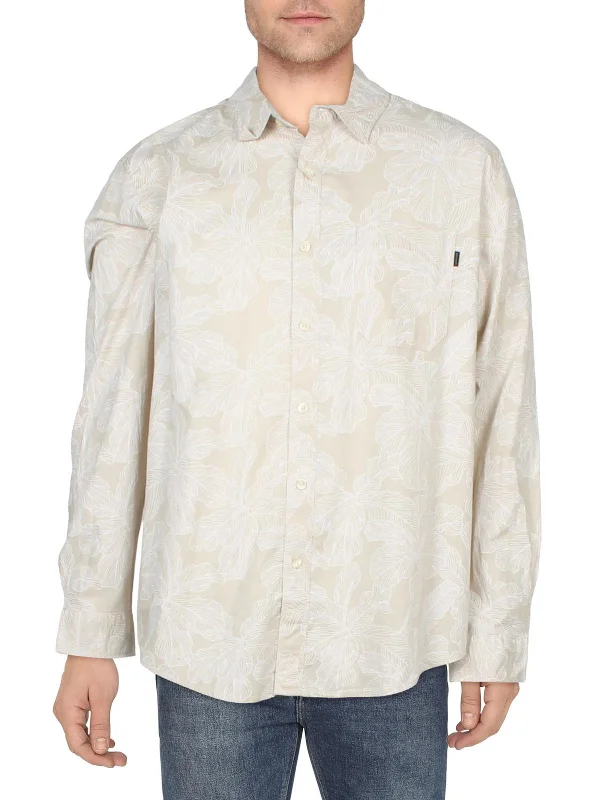 men's work shirts -Mens Regular Fit Leaf Print Button-Down Shirt