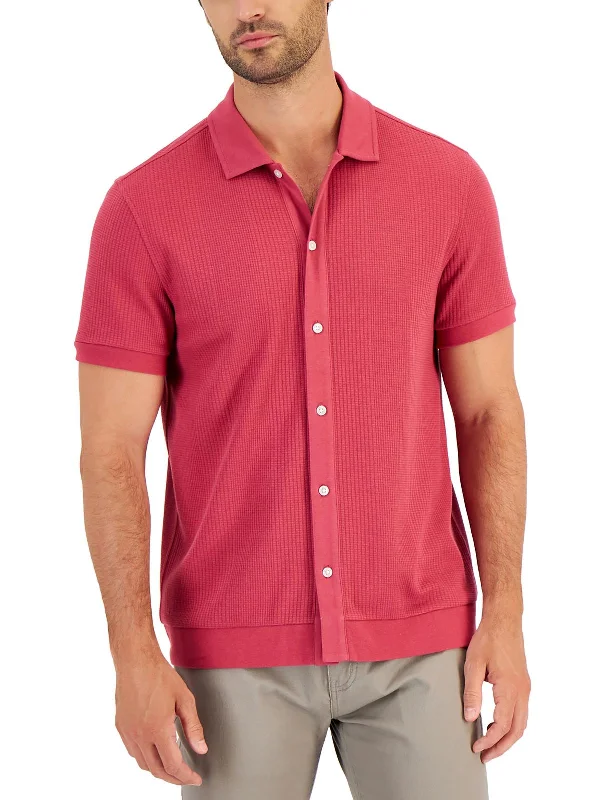 men's easy-care shirts -Mens Ribbed Henley Button-Down Shirt