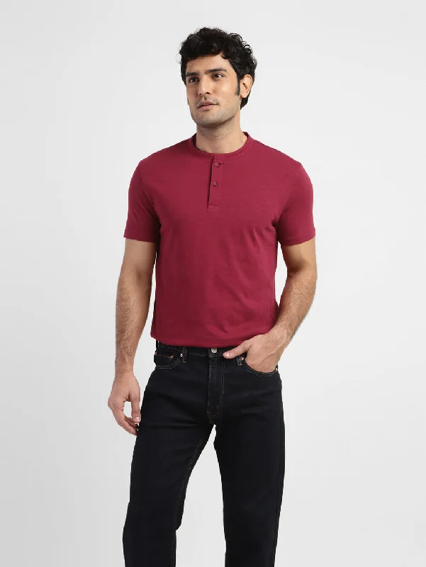 men's workout t-shirts -Men's Self Design Henley T-shirt Red