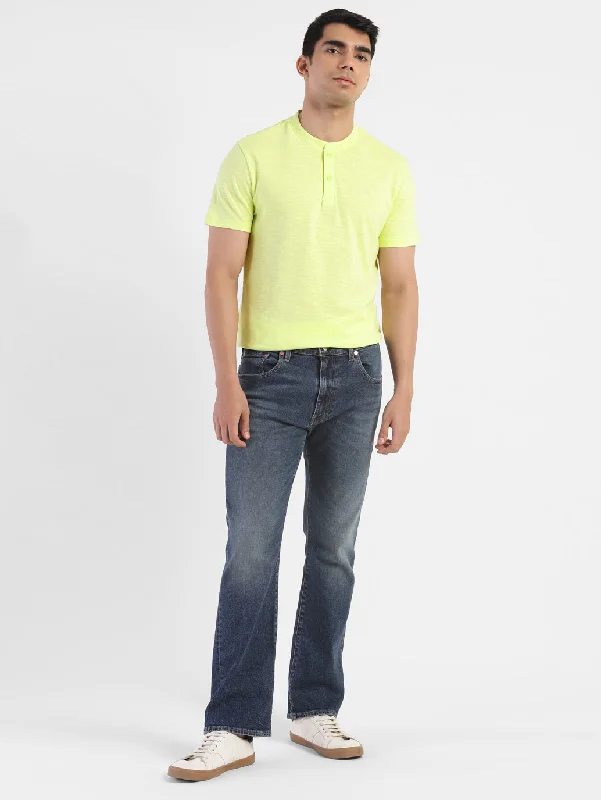 men's stylish v-neck tees -Men's Self Design Henley T-shirt Yellow