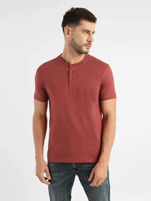 men's round neck t-shirts -Men's Solid Henley T Shirt