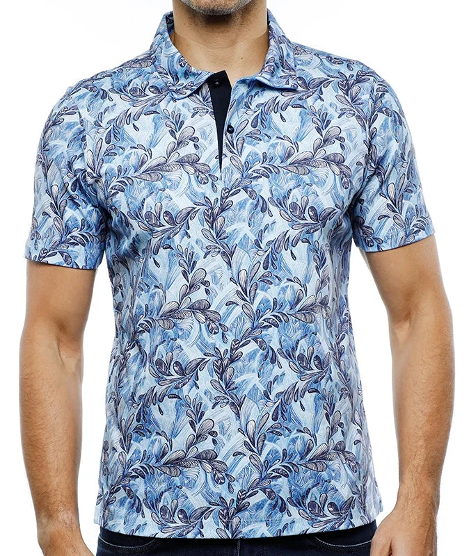 stylish long sleeve polo shirts -Multi Blue Leaves Polo (Tall)