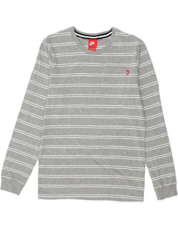 stylish short-sleeve t-shirts -NIKE Boys Top Long Sleeve 14-15 Years Medium Grey Striped Cotton