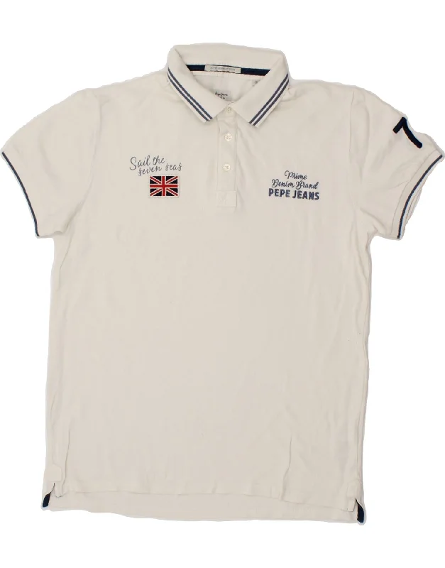 men's golf polo shirts with collars -PEPE JEANS Boys Graphic Polo Shirt 15-16 Years White Cotton