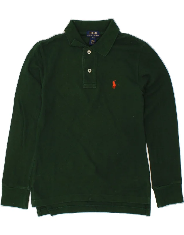 men's luxury cotton polo shirts -POLO RALPH LAUREN Boys Long Sleeve Polo Shirt 7-8 Years Small Green Cotton