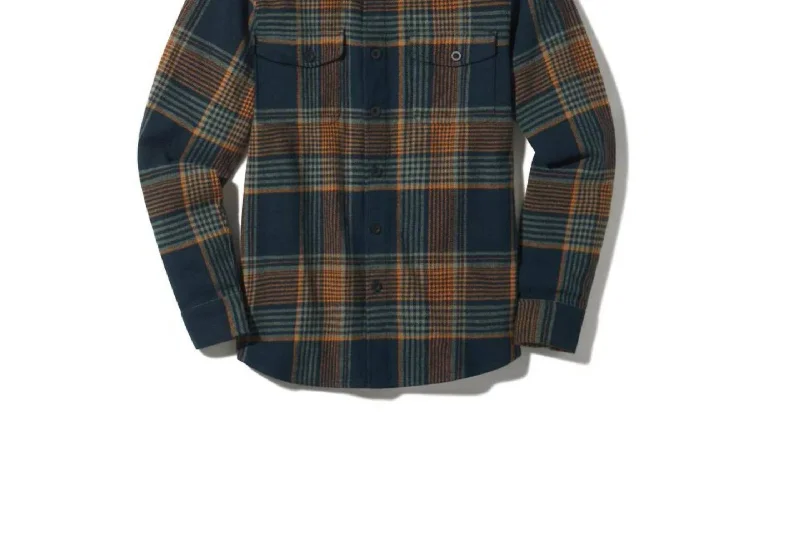 men's business shirts -Portland Heavy Flannel Shirt In Navy Teal Orange