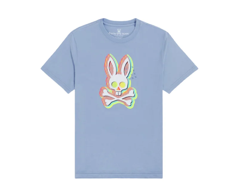 men's button-up shirts with patterns -Psycho Bunny Ethan Deco Bunny Deco Blue Men's Tee Shirt B6U109S1PC-BLUD