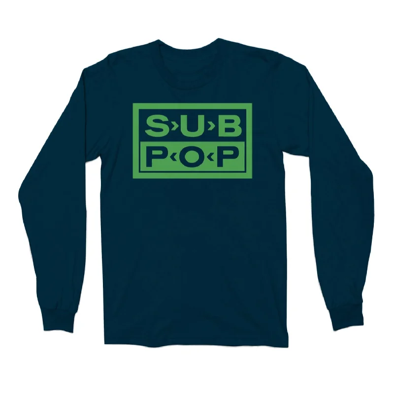 men's graphic print t-shirts -Logo Navy w/Green Long Sleeve T-Shirt