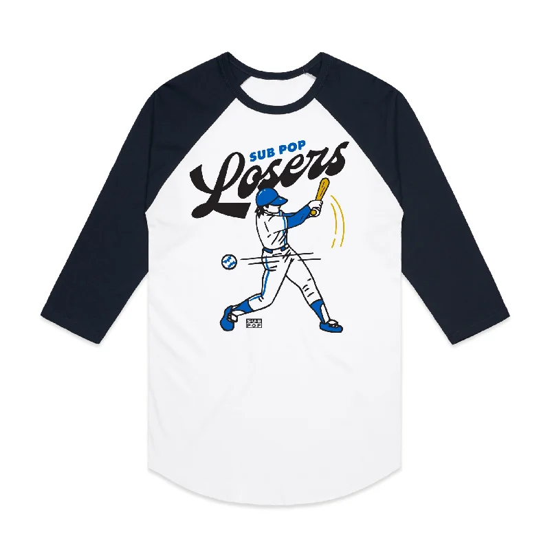 trendy graphic t-shirts -Loser Baseball White w/Navy Sleeves