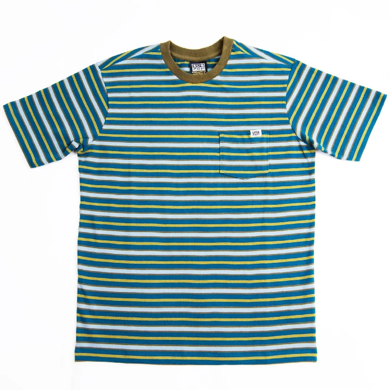 men's oversized graphic tees -Silvana Olive w/Blue Stripe Pocket T-Shirt