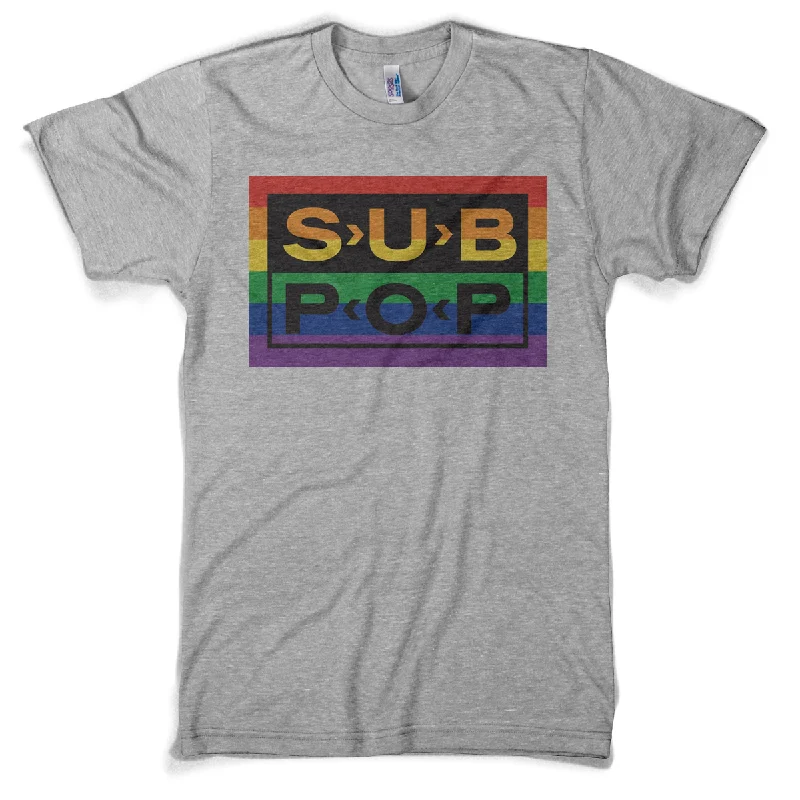 men's athletic cotton t-shirts -Sub Pop Logo Rainbow Grey Shirt