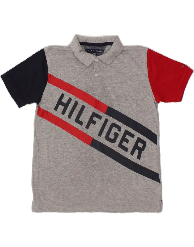 men's luxury cotton polo shirts -TOMMY HILFIGER Boys Graphic Polo Shirt 15-16 Years Large Grey Colourblock