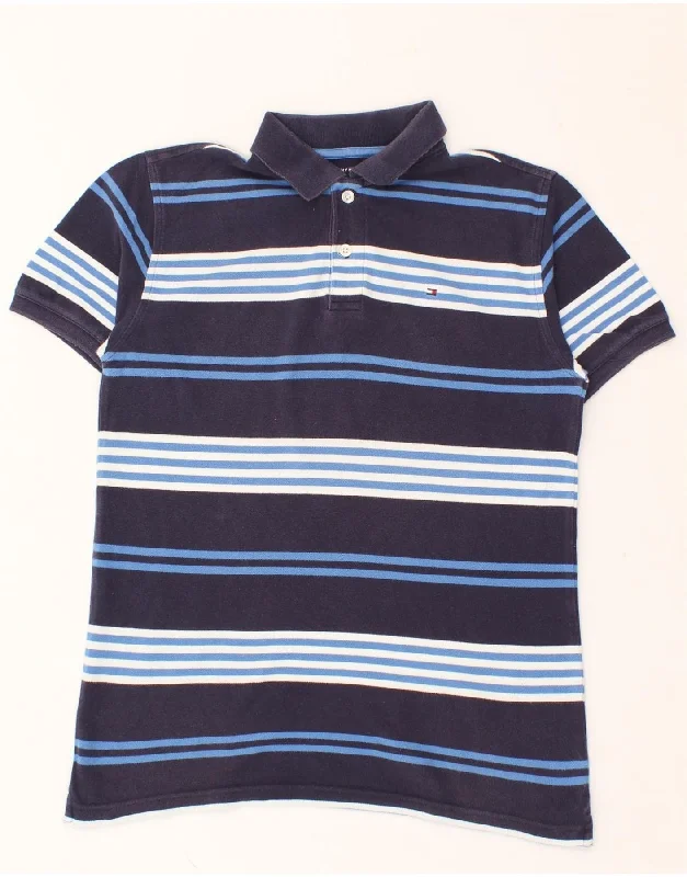 trendy polo shirts for men -TOMMY HILFIGER Boys Polo Shirt 12-13 Years Large Navy Blue Striped Cotton