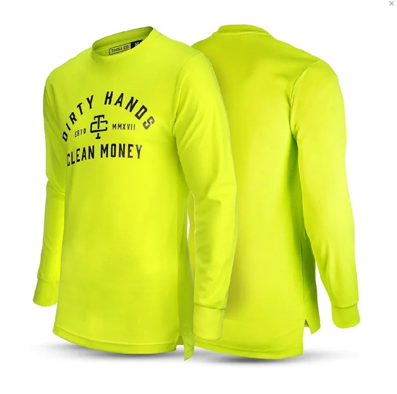 men's athletic fit t-shirts -Troll Co. Men's "Dirty Hands Clean Money" O.G. Long Sleeve Wicking T-Shirt_Bright Lime