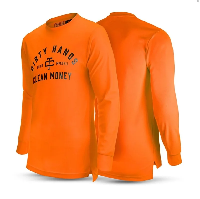 men's vintage t-shirts -Troll Co. Men's "Dirty Hands Clean Money" O.G. Long Sleeve Wicking T-Shirt_Bright Orange