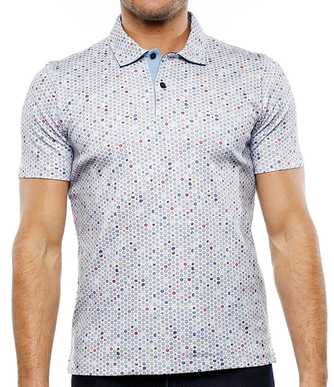 men's high-quality polo shirts -White Polo with Multicolor Floral Shapes (Tall)