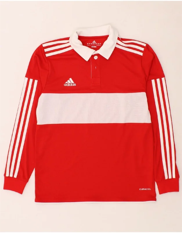 men's polo shirts with logos -ADIDAS Boys Climacool Long Sleeve Polo Shirt 11-12 Years Red Colourblock