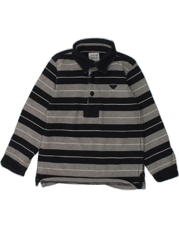 men's polo shirts with designs -ARMANI JUNIOR Boys Long Sleeve Rugby Polo Shirt 3-4 Years Grey Striped