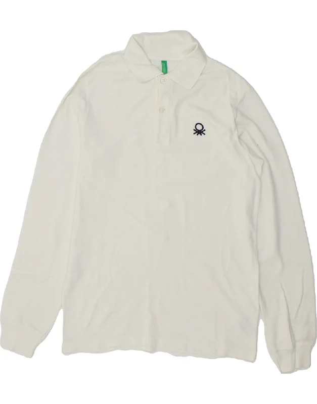 men's long-sleeve polo shirts -BENETTON Boys Long Sleeve Polo Shirt 11-12 Years White Cotton