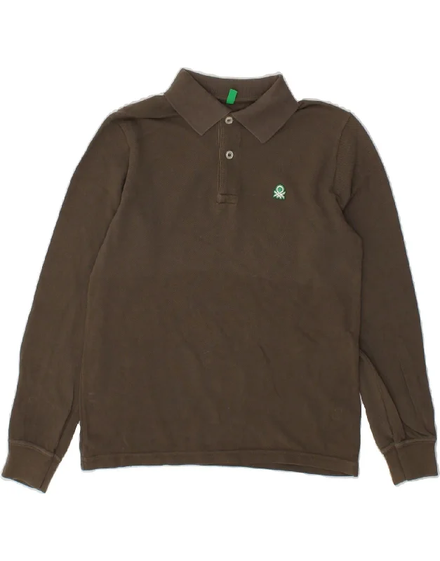 men's casual wear polo shirts -BENETTON Boys Long Sleeve Polo Shirt 8-9 Years Large Brown Cotton