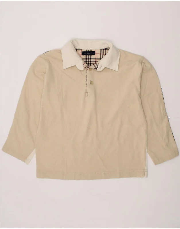 vibrant polo shirts for men -BURBERRY Boys Long Sleeve Polo Shirt 5-6 Years Beige Colourblock