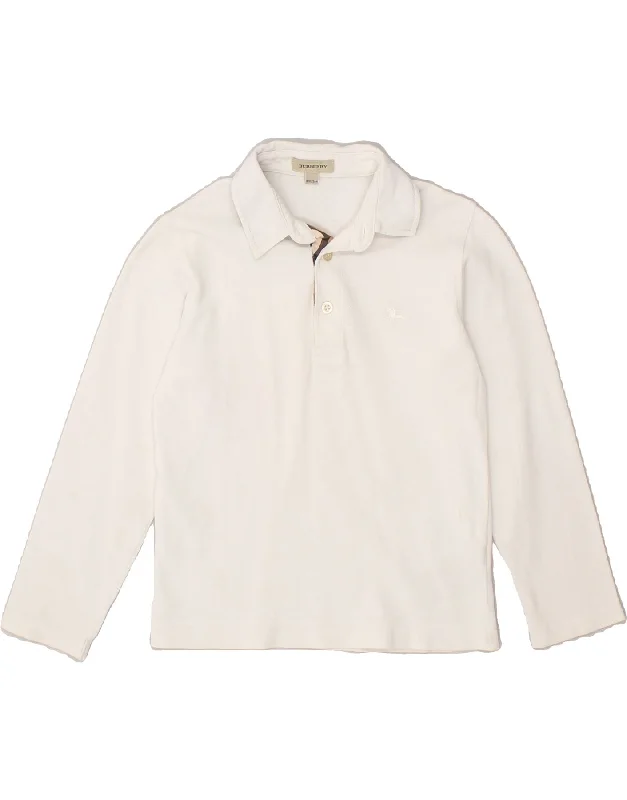 men's breathable short sleeve polo shirts -BURBERRY Boys Long Sleeve Polo Shirt 7-8 Years White Cotton