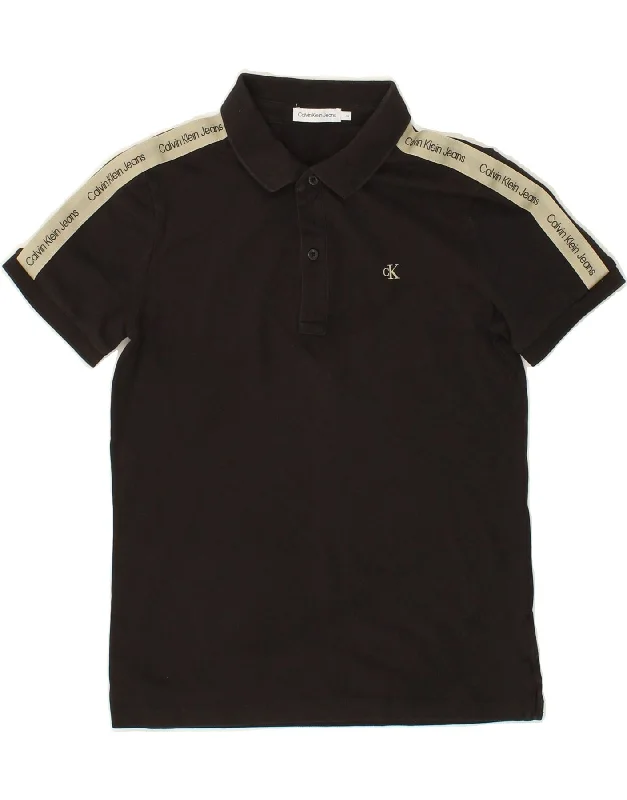 men's athletic polo shirts -CALVIN KLEIN JEANS Boys Graphic Polo Shirt 13-14 Years Black Cotton